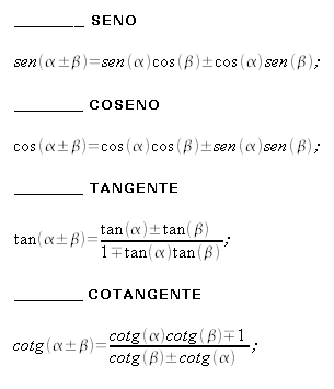 Addizione e sottrazione di seno, coseno, tangente, cotangente