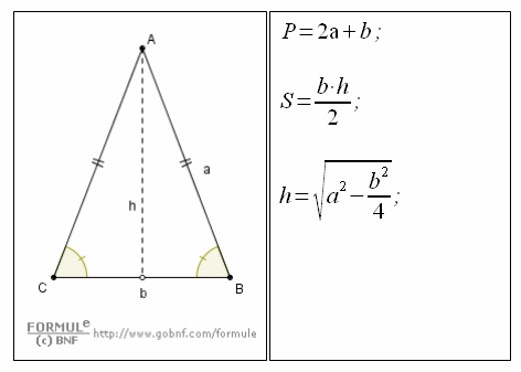 Geometria piana, il triangolo isoscele, formulario, superficie, perimetro, altezza