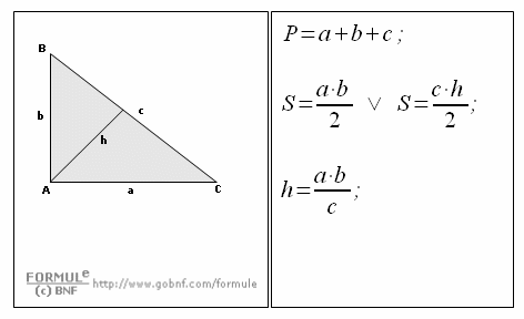 Geometria del piano, Il triangolo rettangolo, formule