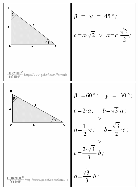 Geometria del piano, triangolo rettangolo, angolo 45 gradi, angolo 30 gradi, angolo 60 gradi, cateto minore, cateto maggiore, formule