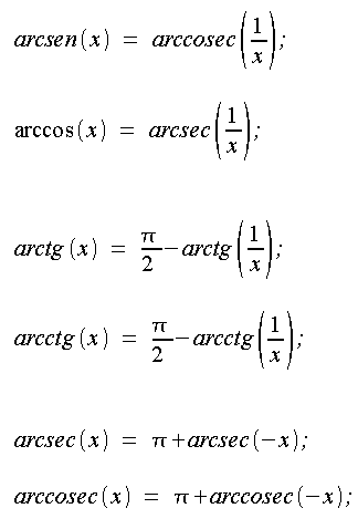 Relazioni principali, funzioni trigonometriche inverse, arcoseno, arcocoseno, arcotangente, arcocotangente, arcosecante, arcocosecante, relazioni funzioni goniometriche inverse con argomento maggiore 0