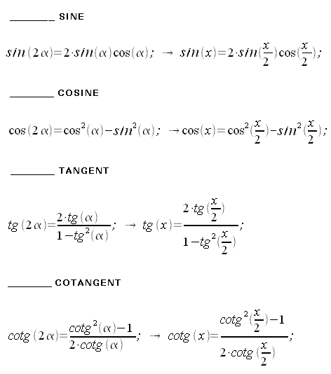 trigonometric functions: sine, cosine, tangent, cotangent: double angle